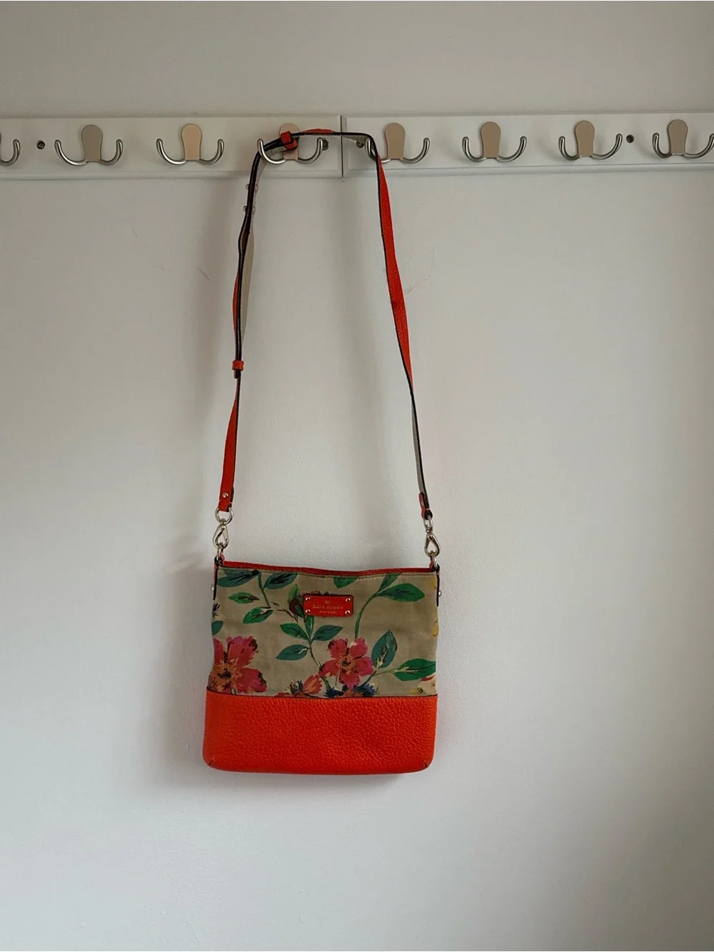 Floral Canvas Crossbody Bag with Orange Leather Trim